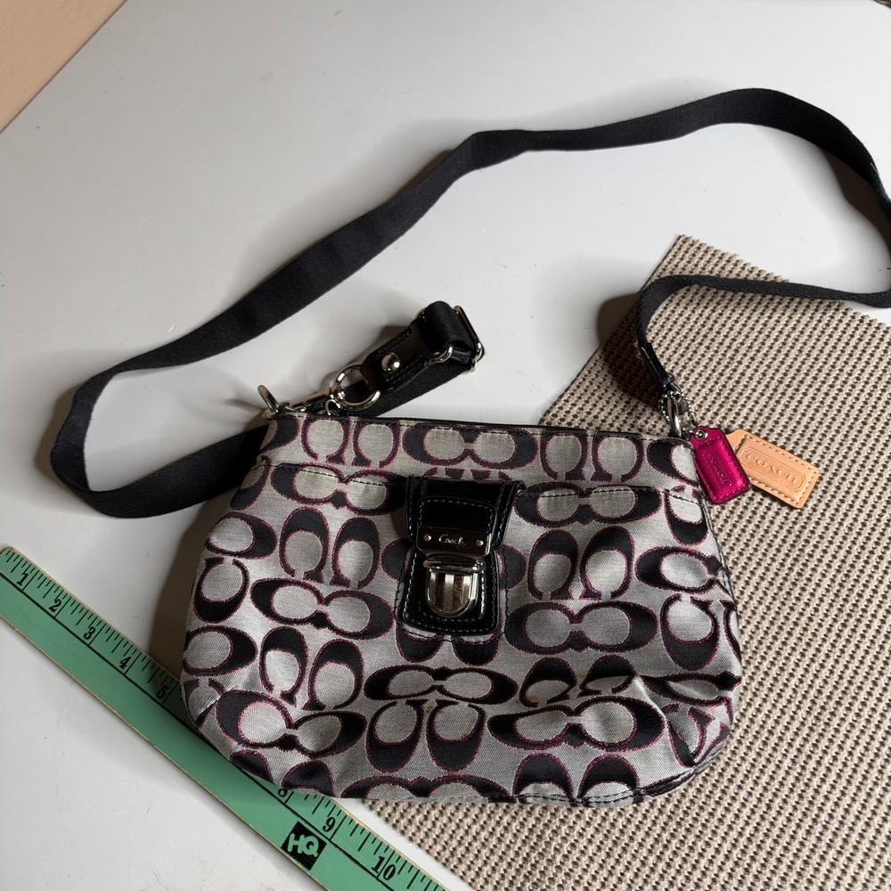 Coach Signature Jacquard Crossbody Bag Black Silver Pink Metallic Push Lock
